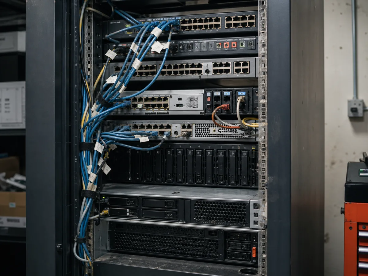 An inherited server cabinet with labelled network cables and mixed-age hardware