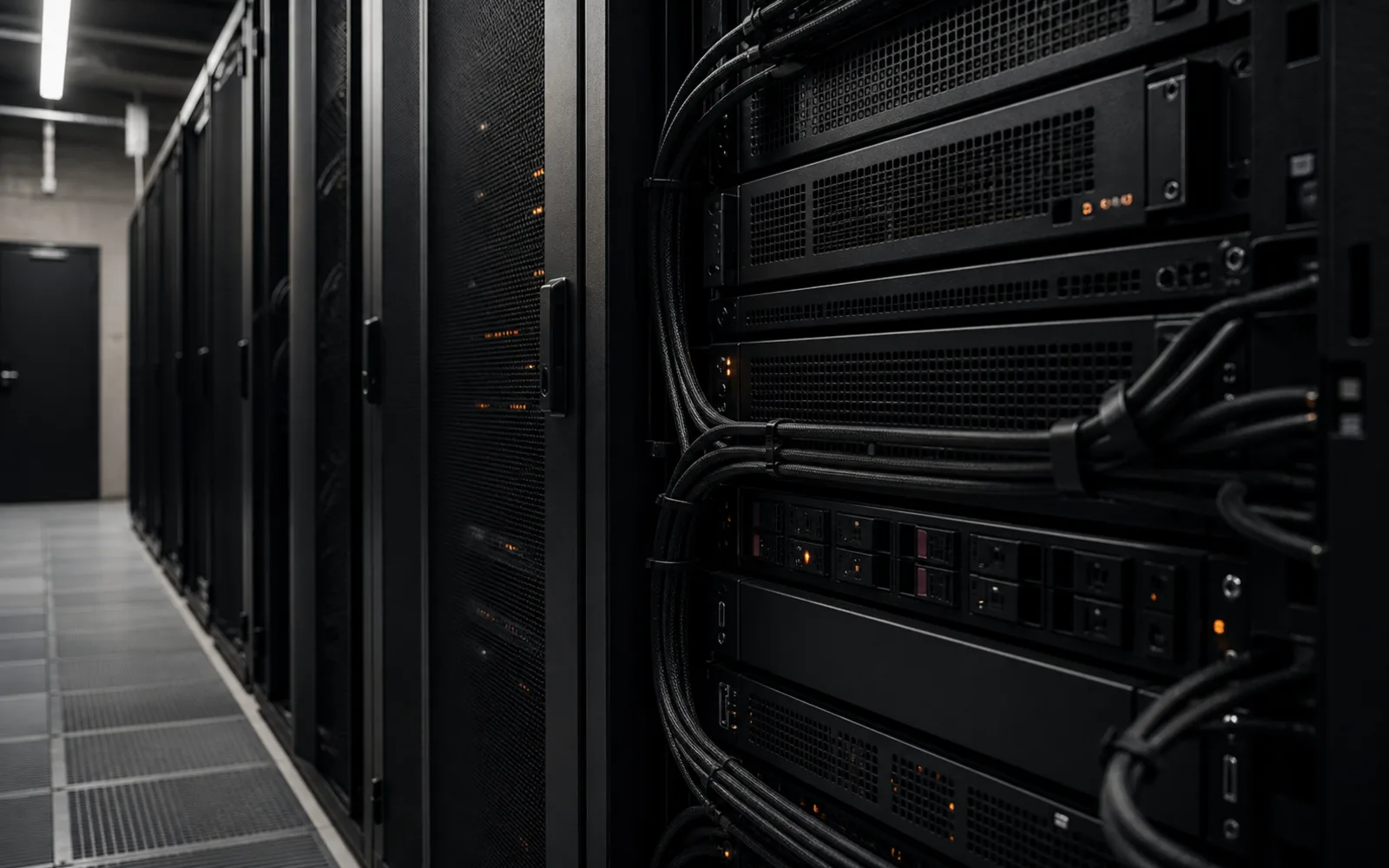 A modern server rack with neatly routed cables